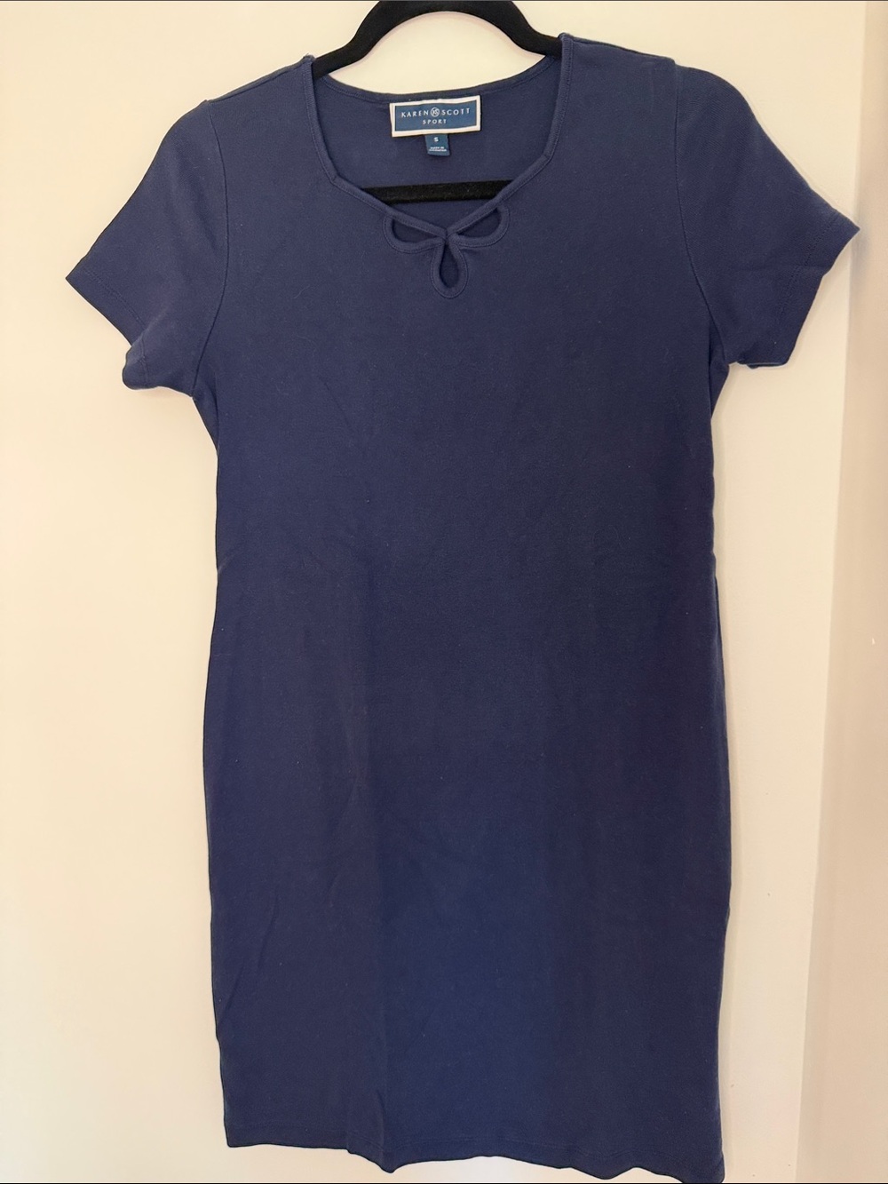 Karen Scott Deep Navy Short Sleeve Tie-Neck Knit Dress